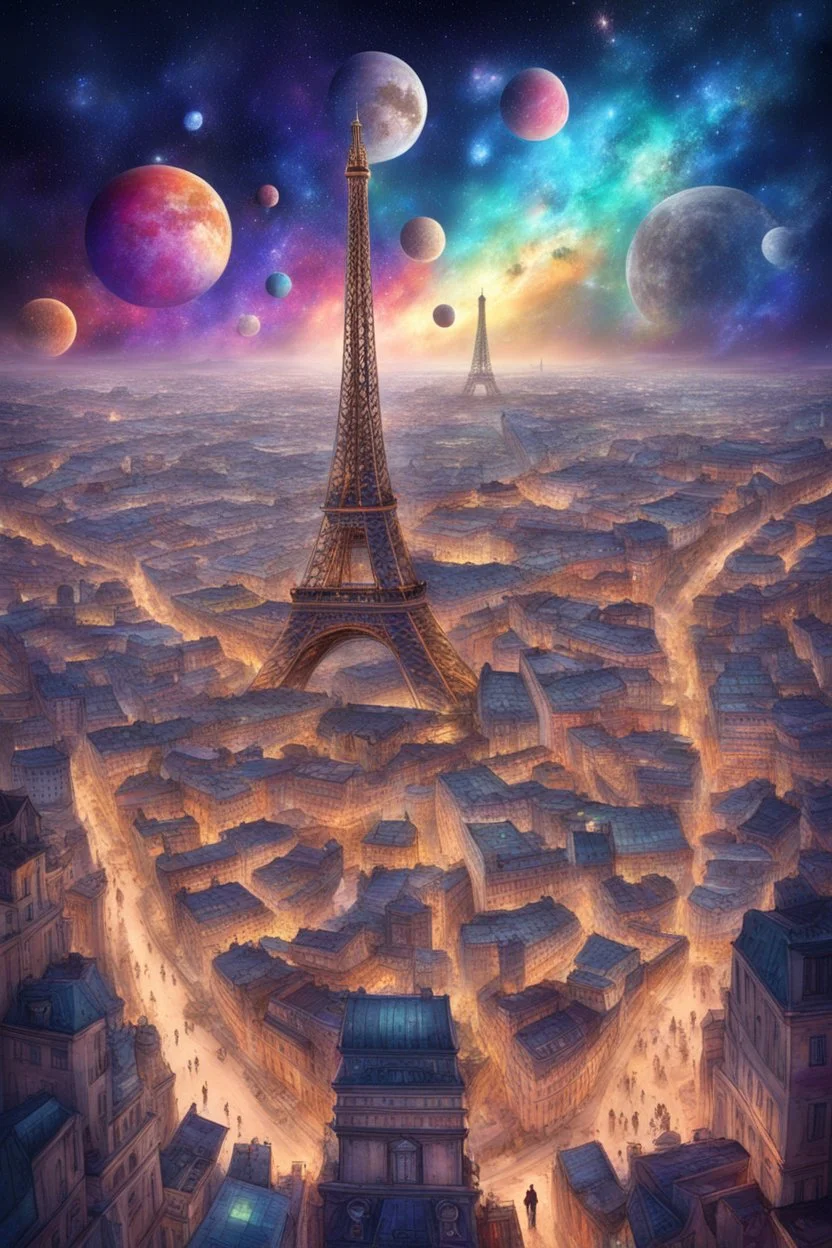 Paris and Lisbon mashup city in fantasy universe, striking, brilliant colors, cosmic galaxy