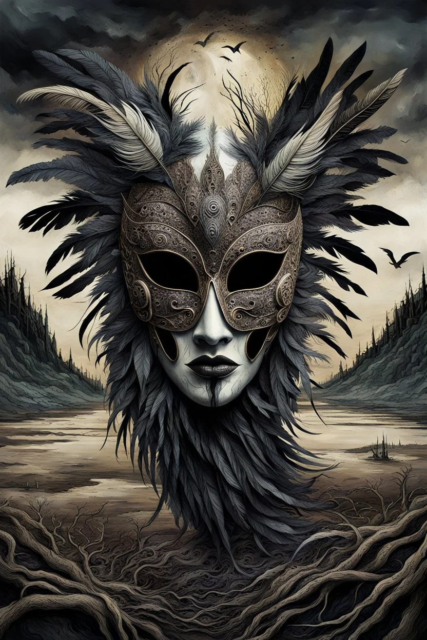 An surreal stunning image of a crepy ritualistic Feathered Mask-face mutant witd dark eyes, pale skin, on creature, with dark muted tones, a grim and weird atmosphere, textured impasto-like effect with ink, intricate details, surreal vibe, expressive focusing, muted tones, gradients, thriller and utopistic mood, in background barren landscape, ruins, dark shadows