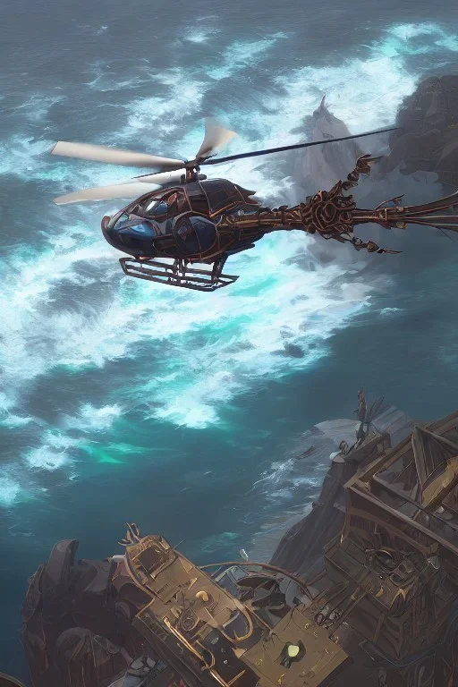 steampunk helicopter above a dangerous ocean