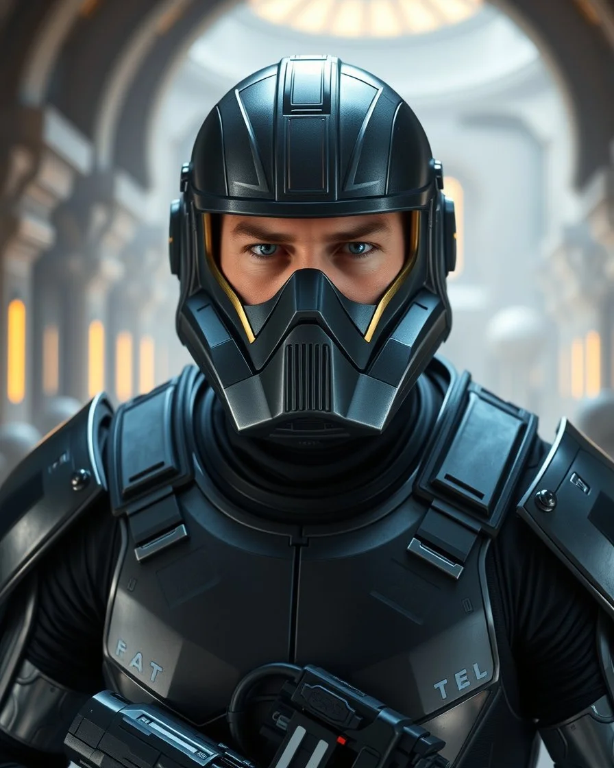 star wars bald male corellian pilot wearing pearlescent black and gunmetal grey First Order special forces heavy assault armor and helmet with gold and metallic red trim and visor inside the jedi temple, centered portrait, hyperdetailed, dynamic lighting, hyperdetailed background, 8k resolution, volumetric lighting, light skin, fully symmetric details