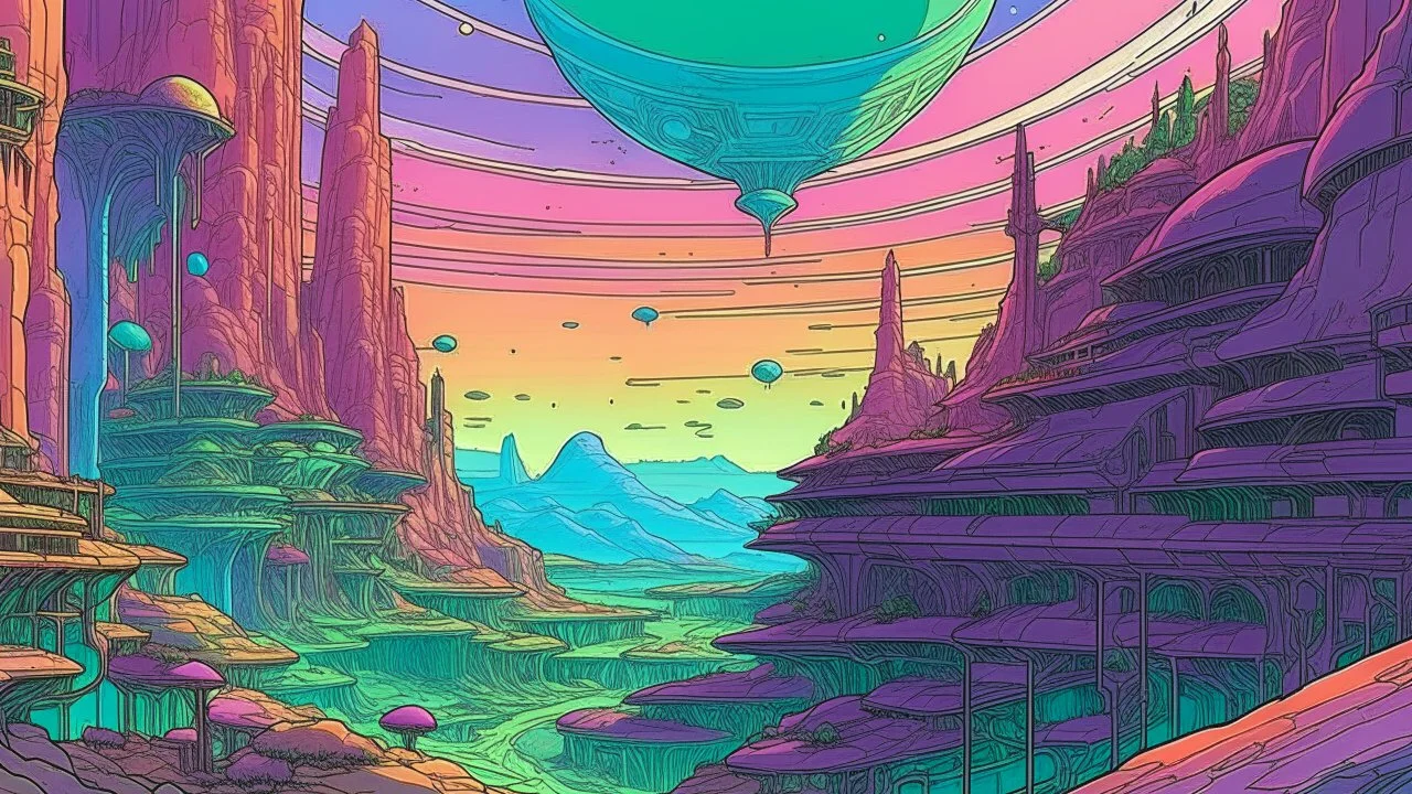 "Visualize an alien world, illustrated in the unmistakably surreal yet intricate Moebius comic style. Imagine extraterrestrial landscapes teeming with unknown flora and fauna, brilliant hues that dare to redefine the color spectrum, and architectural anomalies defying the laws of physics. This is not just a backdrop, but a living, breathing entity converging on the canvas of our imagination."