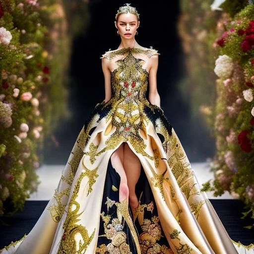 stunning couture gown designed by Marchesa inspired by fairies, realistic epic elegant fantasy colors in gold and black and red,decorated with precious stones, detailed, high quality, intricate, fantasyland background,