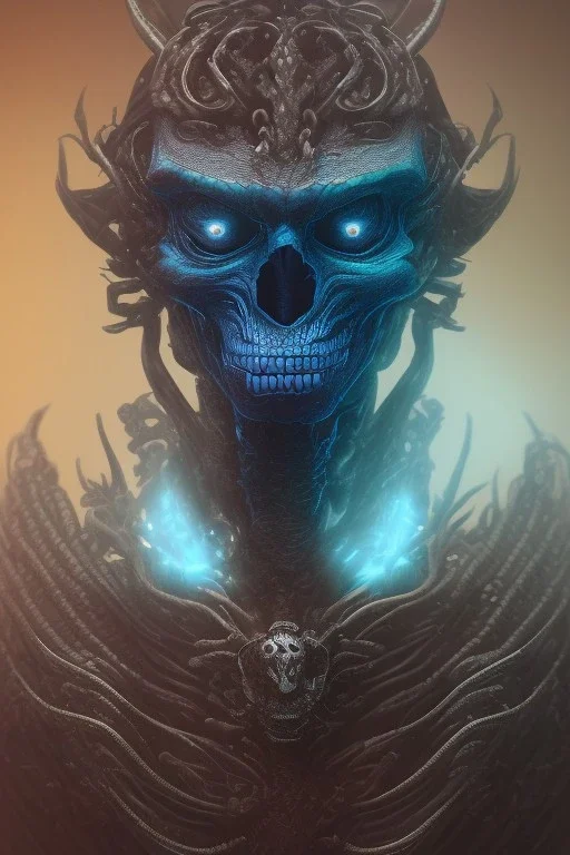 blue alien, cracks in the head, evil, Asian eyes, weapons, blood, 8k, finely detailed, photo realistic, HR Giger style turquoise skull head gold dragon Mexican alien moon skeleton Viking helmet Black background