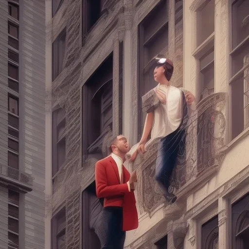 a man and a woman screaming at each other on a balcony, downtown new york, dramatic, dramatic lighting, volumetric lighting, hyperrealism, 8k, high quality, photorealistic, lot of details