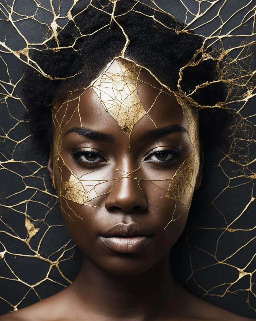 a beautiful black woman face made of kintsugi seam