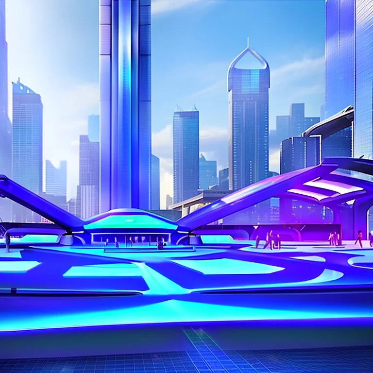 A group of people gather in a futuristic plaza, surrounded by towering skyscrapers and holographic advertisements. The plaza is filled with blue and purple light, and flying vehicles can be seen in the background. Digital art