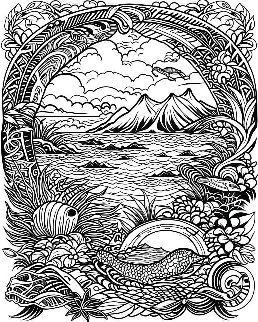 coloring pages for kids,Pacific island shaped logo Japanese ink painting, muted colors, including Dark black highlights to draw attention , rice paper texture, splashed paint, tropical beach, paradise, sea turtles, yellow sun, a Polynesian warrior , Art drawing ; ink , super detailed, text a the bottom “Tonga”, anime cartoon style, thick lines, low detail, black and white, no shading, --ar 85:110