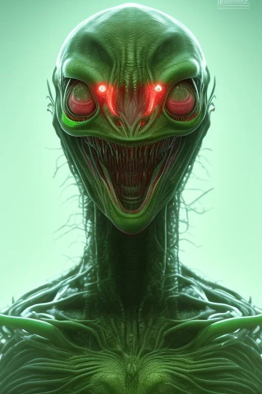 green alien, head, evil, red eyes, big silver teeth, weapons, blood, 8k, finely detailed, photo realistic, HR Giger style