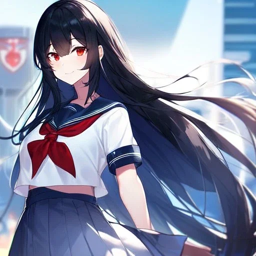 Clear focus, high resolution, black long fluffy hair, red eyes, wearing a sailor uniform, doing a evil smile