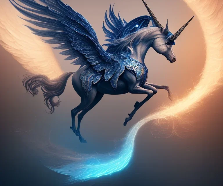 unicorn with glowing wings, shadow, abstract surreal fantasy art, highly detailed, intricate patterns on wings, soft studio lighting, smooth dark blue background 64k