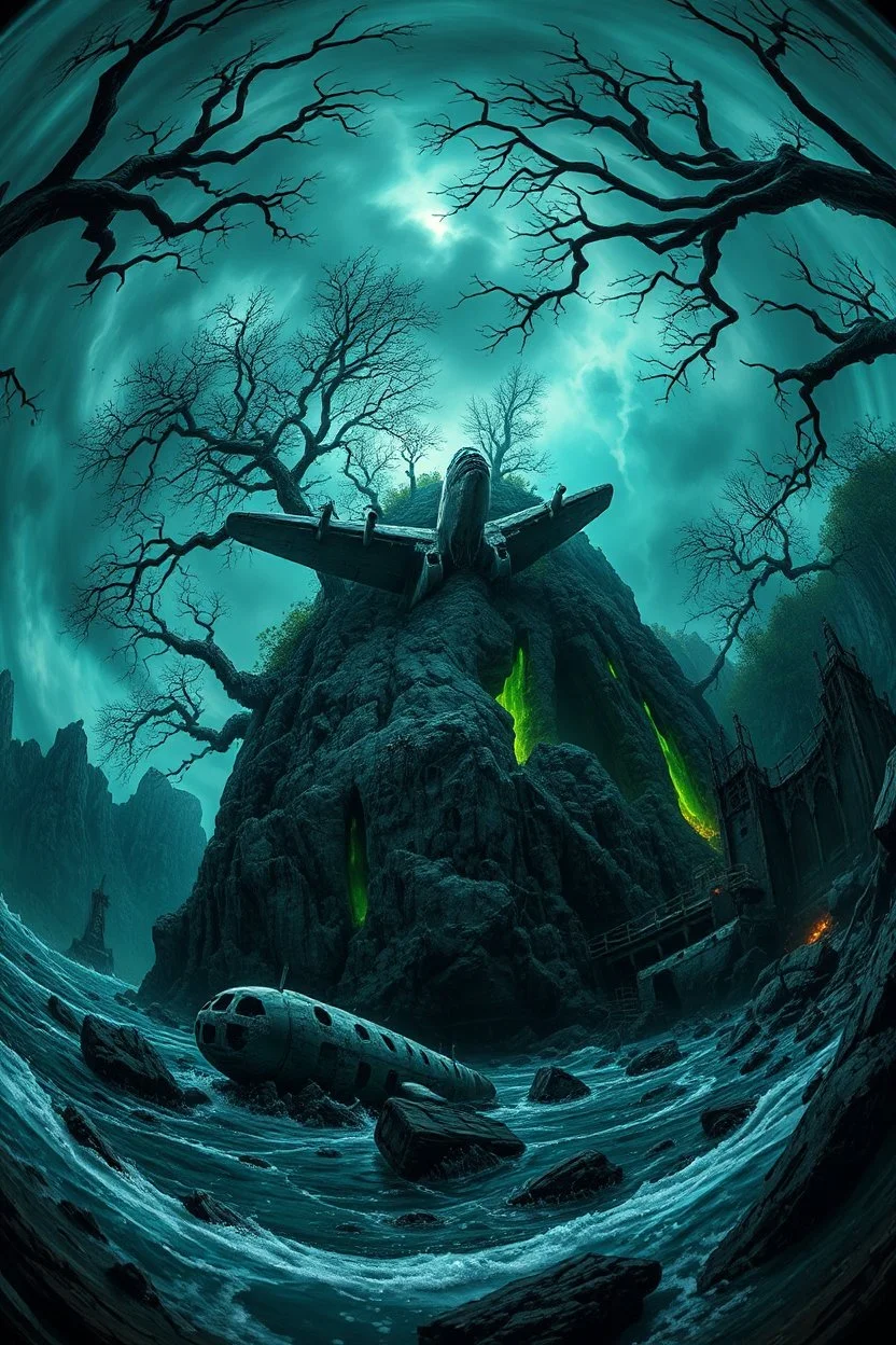 in the style of Fisheye lens. detailed close-up concept art of a Lovecraftian horror, chthon island featuring a decaying a crashed airplane Focus on gnarled trees around rocky cliffs, with the a deep cracks and glowing substance oozing from them. Include hints of nightmarish creatures beneath turbulent waters. The stormy sky casts an eerie and green glow, with shipwreck debris and ancient ruins scattered on the shore to emphasize the sense of dread and abandonment