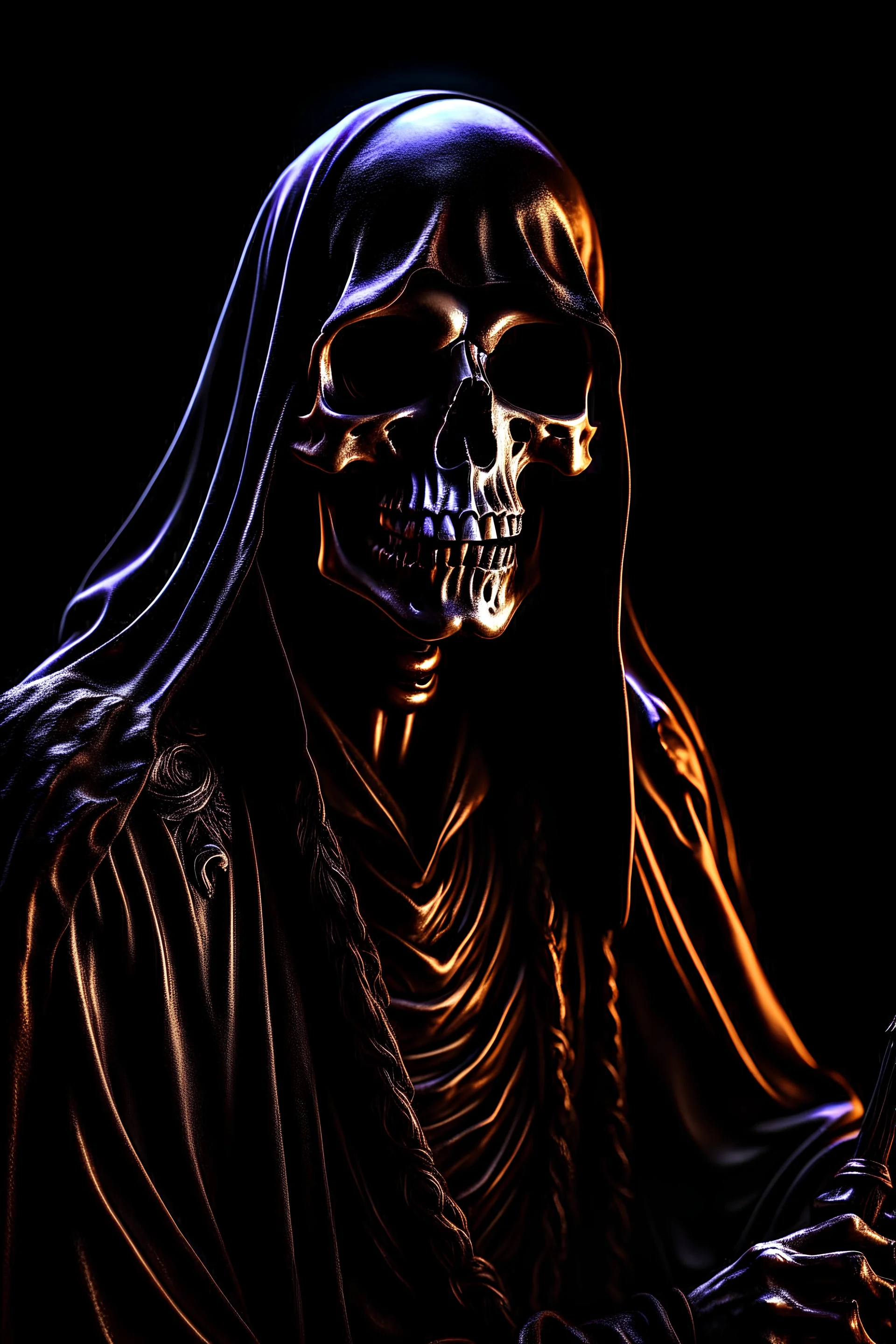 ultra high image quality, Grim Reaper Close-up of an set against AMOLED-worthy pure black backdrop, fantasy art style infused with filter, tailored for vertical wallpaper, exclusive design with no duplicates, radiating beauty suitable for a PC screen image, vivid colors, ultra fine, digital painting.