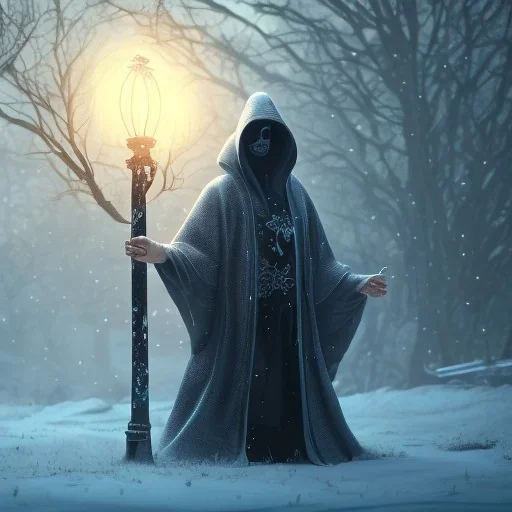 robed Grim Reaper behind sad, abandoned, dog chained to a tree, house in distance, winter, loneliness, 8k resolution, high-quality, fine-detail, iridescent, intricate, digital art, detailed matte, volumetric lighting, illustration, 3D octane render, brian froud, howard lyon, selina french, anna dittmann, annie stokes, lisa parker, greg rutowski