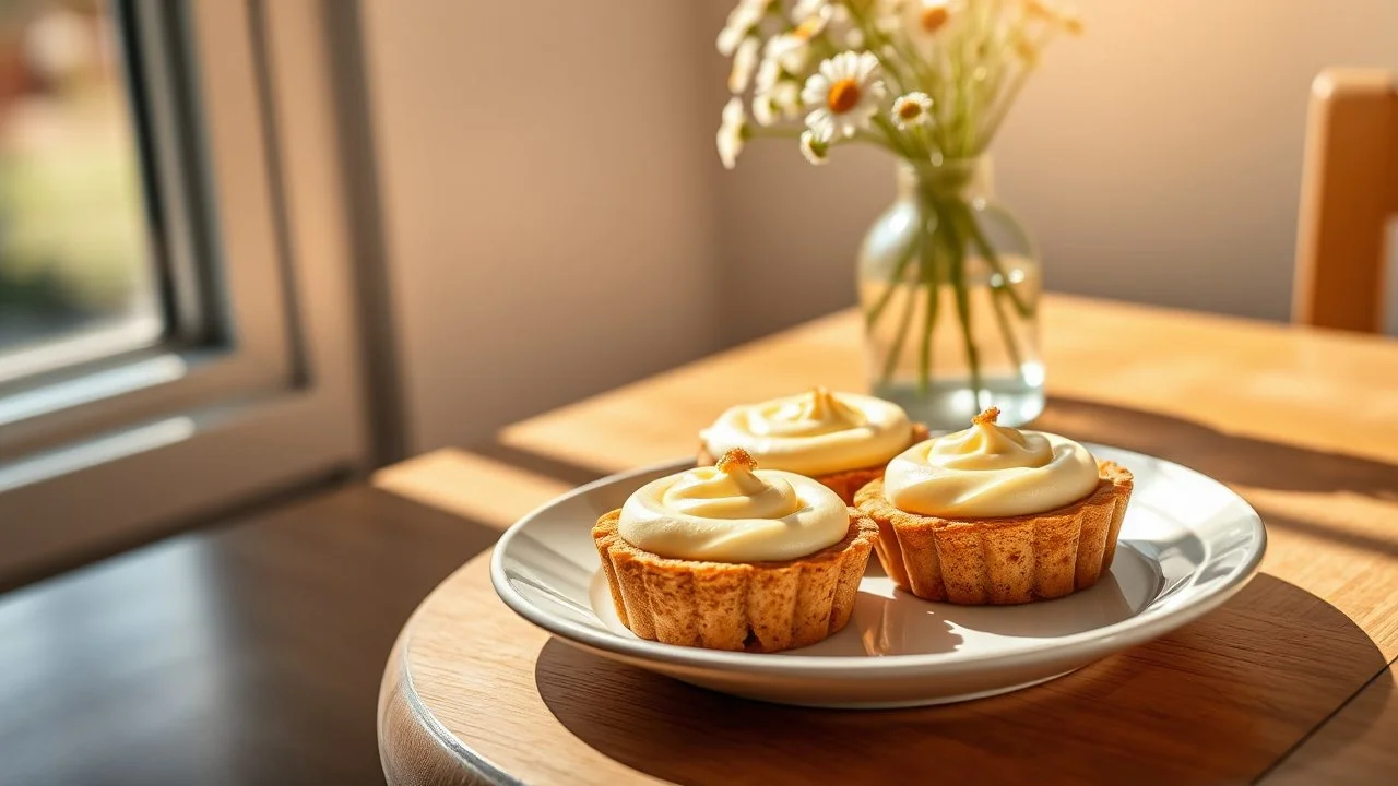 close up three delicates tart cakes filled citrone creme up erdbeer, on a nice ceramic plate on a wooden table. professional food photo, Natural, warm sunlight streams in from a window on the left, casting pleasant shadows and creating a cozy, vase with meadow flowers, relaxed morning atmosphere