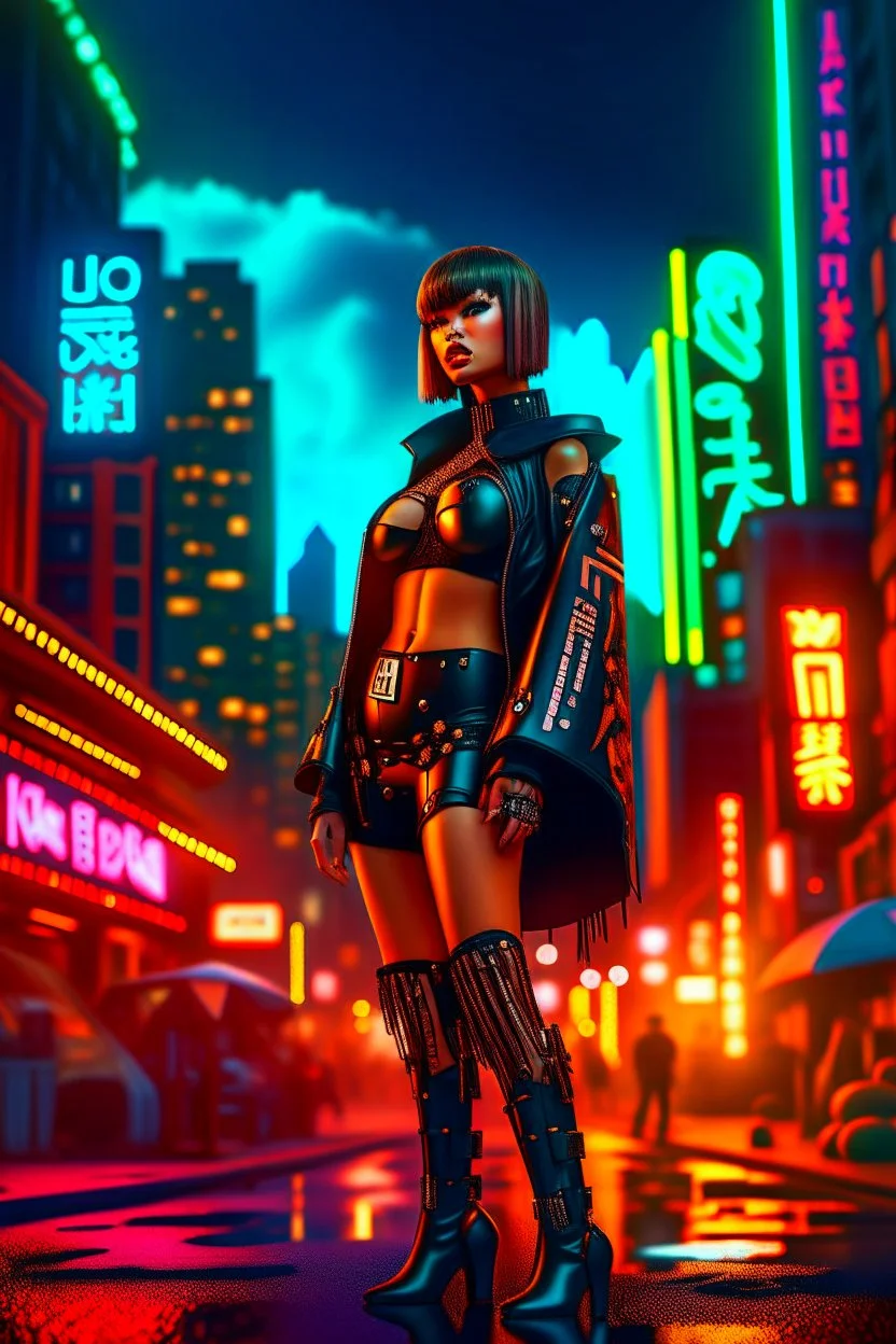 full-body-art of a woman with a bob with a fringe hairstyle, Cleopatra clothing, black knee-high boots, cyberpunk city background