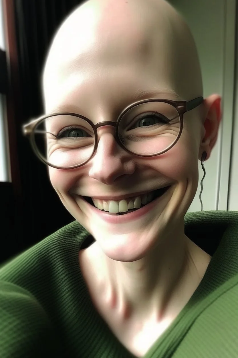 bald girl glasses teeth and hairy face