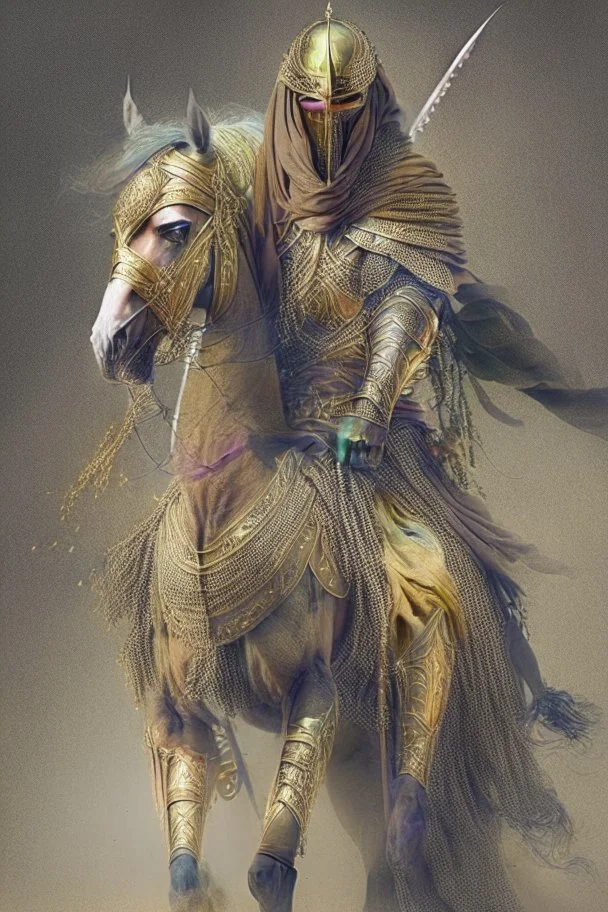 Arab warrior Full Body Full Armored Wearing Face Masculine Mysterious Powerful Fantasy High Quality Carrying his bow Golden clothes His horse behind him