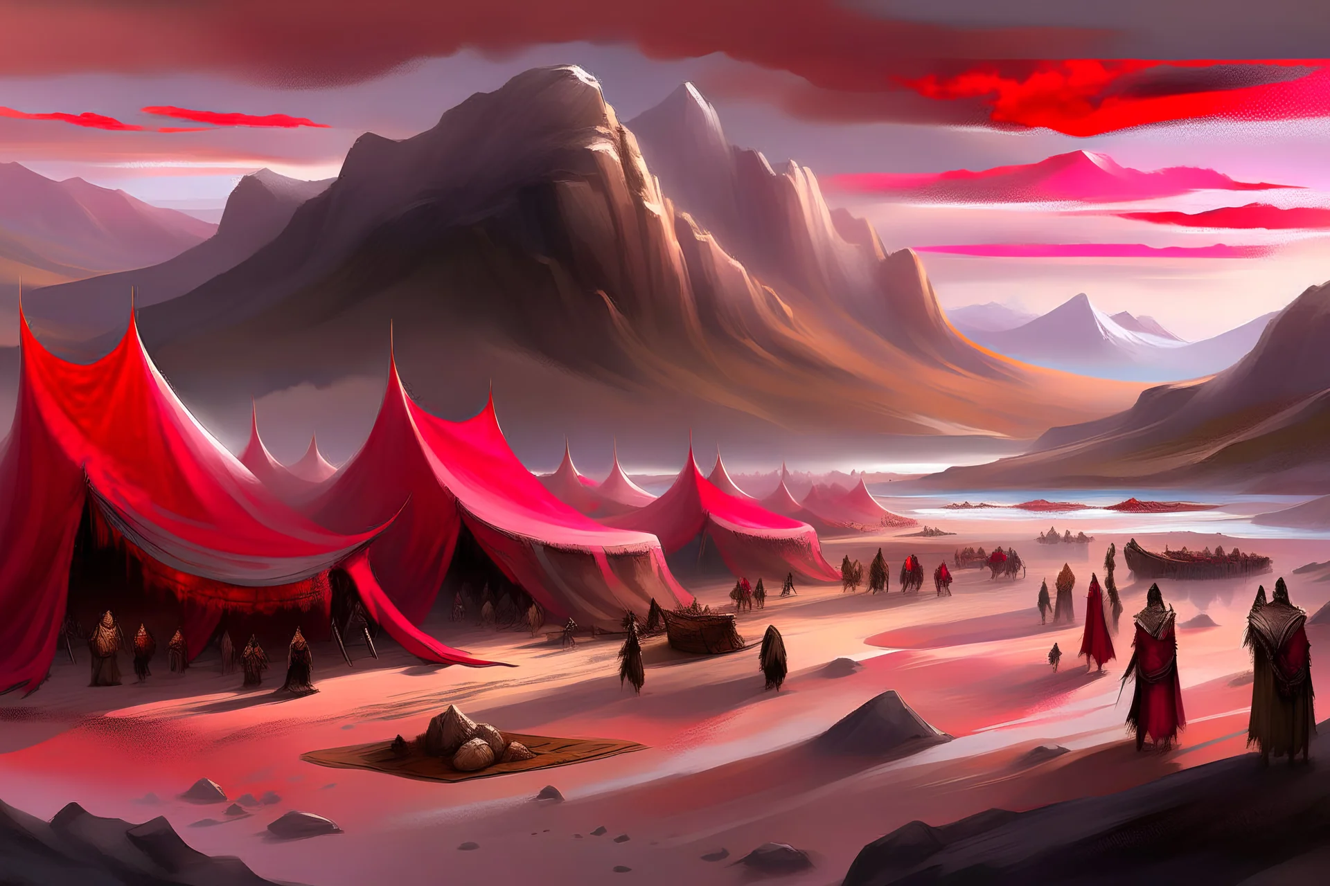 painting, landscape, artistic, illustration, artstation, black desert, black sand, bleak, pale red sky, large bustling camp, tall iron monolith, tightly packed leather tents, vereshagin style