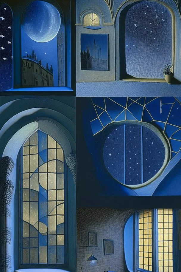 Interiors, from this window, see a starry sky, nightview, gaudi hadid";sharp focus"i can see the street below;by artist "Hans Memling";multiple focal points;" Giovanni Battista Piranesi";by photographer "Bernd & Hilla Becher";perspective" , like a dream, "Phoebe Wahl","dali magritte"