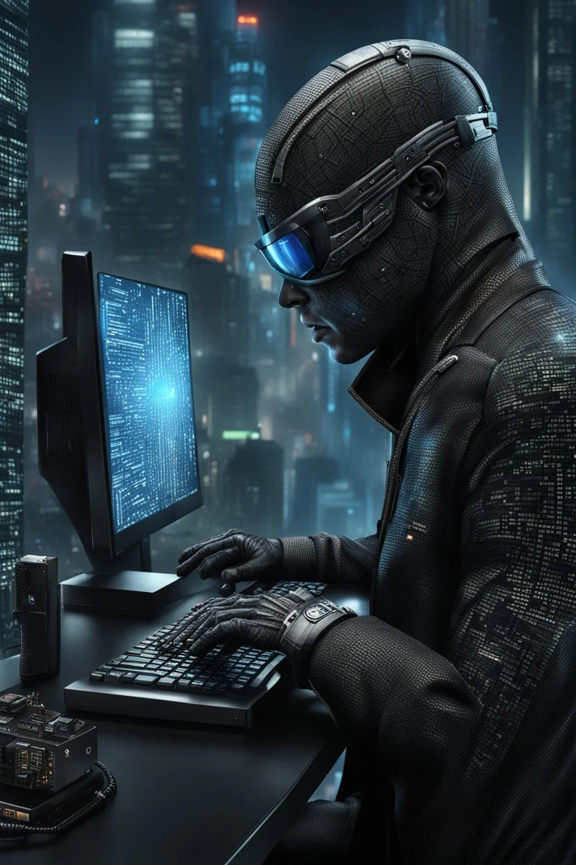 cyberpunk programmer black_Cat-human hybrid_Typing_on_computer_background binary codes, surrounded_by_mindent_3D_binary matrix codes and neutron mesh_etheral, Paranoid_sci-fi_in background_a_tall_cyberpunk_city, the cat hacker watchings monitor, Hyperrealistic texture, high detail, Sinister, cold dynamic lighting, dark-neon colors, Ultra_HD_intense_focus