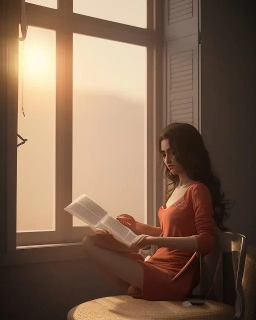 Beautiful, thin young woman, Arab home clothes, wavy hair, sitting on an office chair, reading a novel, next to a window, outside the window is sunset , 8k, finely detailed, photo realistic.