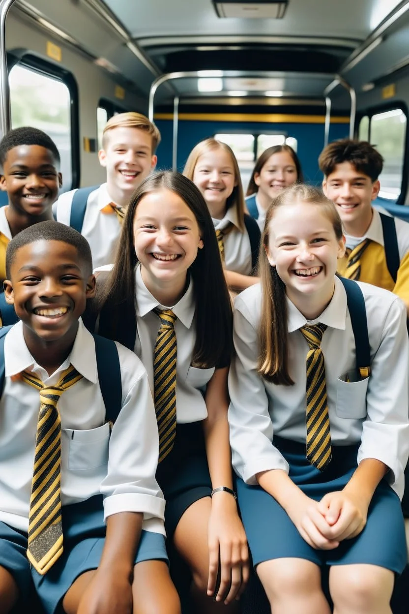 15 Smiling students wearing school uniforms sitting inside a school bus with clear details of diverse faces