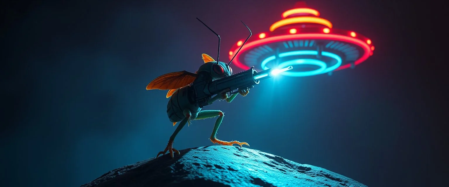volume fog light, hyper real close up on rock ant cricket gremlin man general with hi tech transcendent weapon arsenal from hell, guarding bridge up to space saucer neon plastic transparent