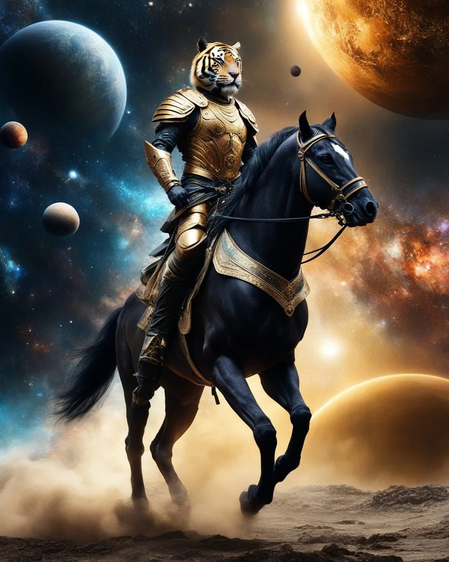 Realistic photography take photoshoot full body from far,front view of a humanoid warrior tiger wearing clothing armor golden ,on riding a black horse , flying in space, on galaxy surrounded by planets