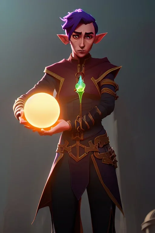 elf wizard holding glowing orb in a ruined city