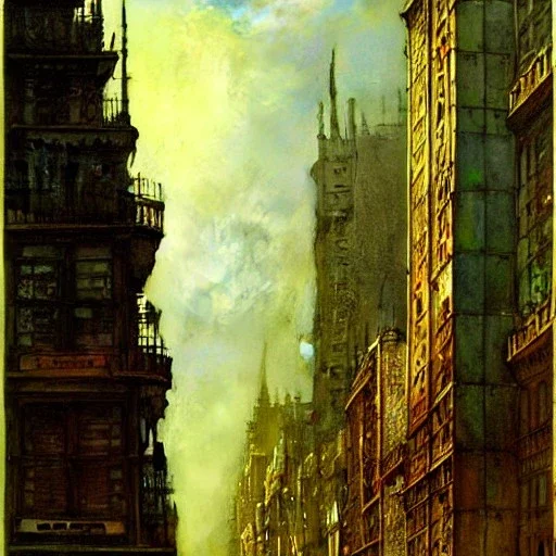 Corner building Metropolis, detailed facades ,dark colours, watercolor, by john atkinson Grimshaw, detailed painting,matte painting, alphonse mucha, greg rutkowski