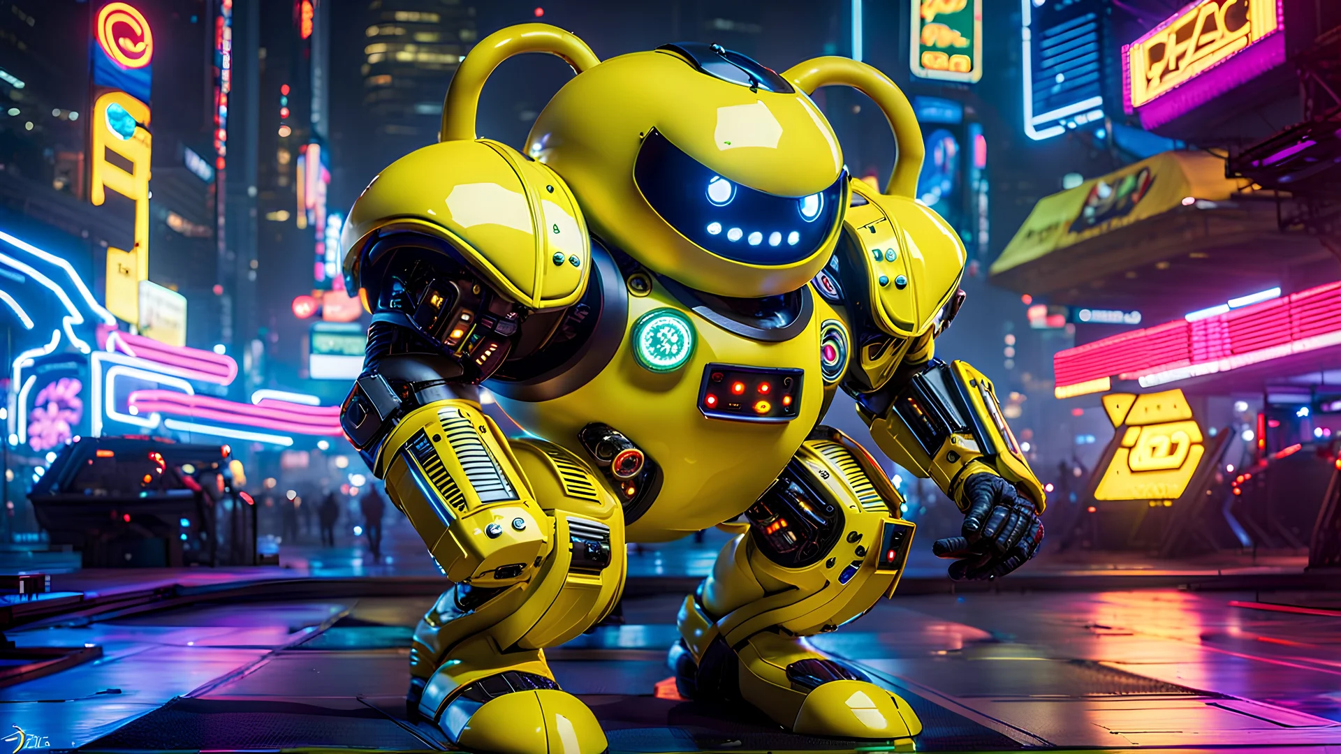 A masterpiece, conceptual, full-body digital photo of a prototype, experimental::PAC-MAN:: in a live-action pose, glossy yellow armor customized with colorful gaming graphics and intricate neon light accents, and enhanced with deadly cybernetic upgrades, with illuminated eyes looking at the camera, in a cyberpunk background, Pascal Blanché and Syd Mead art styles, ultra-detailed, sci-fi, cyberpunk, game art, intricate details, HDR, beautifully shot, hyperrealistic, sharp focus, dim foul lighting