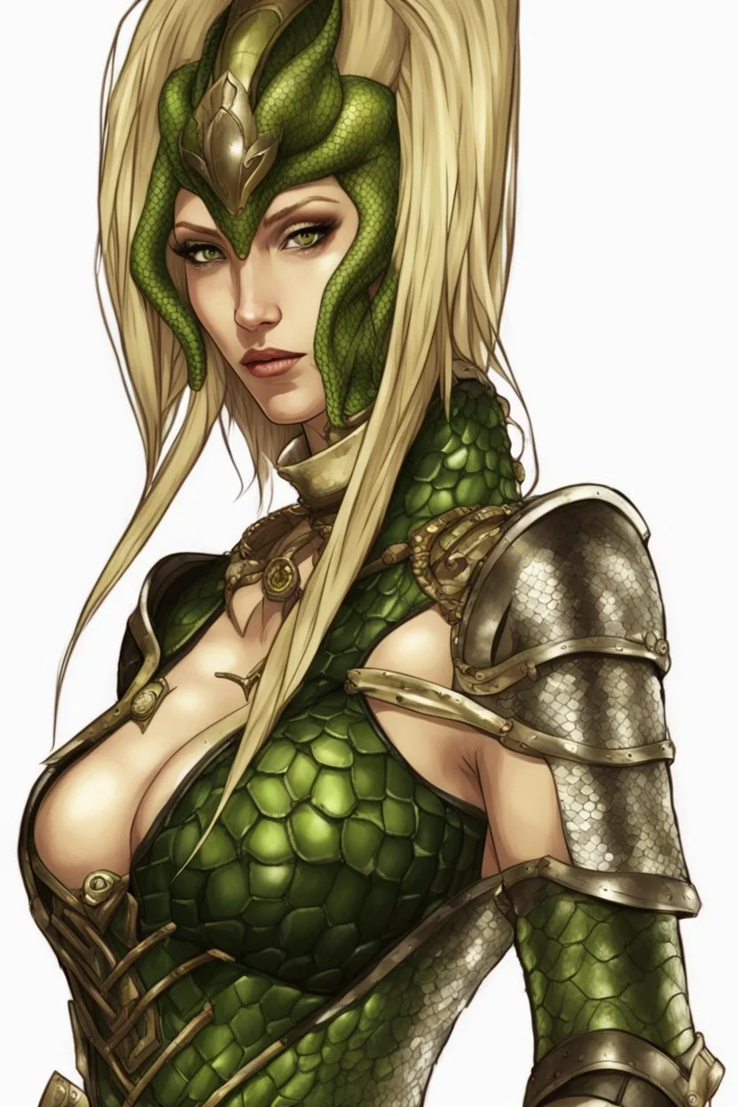 female snake humanoid, realistic, digital art, wearing a black leather armor, green scales, dungeons and dragons