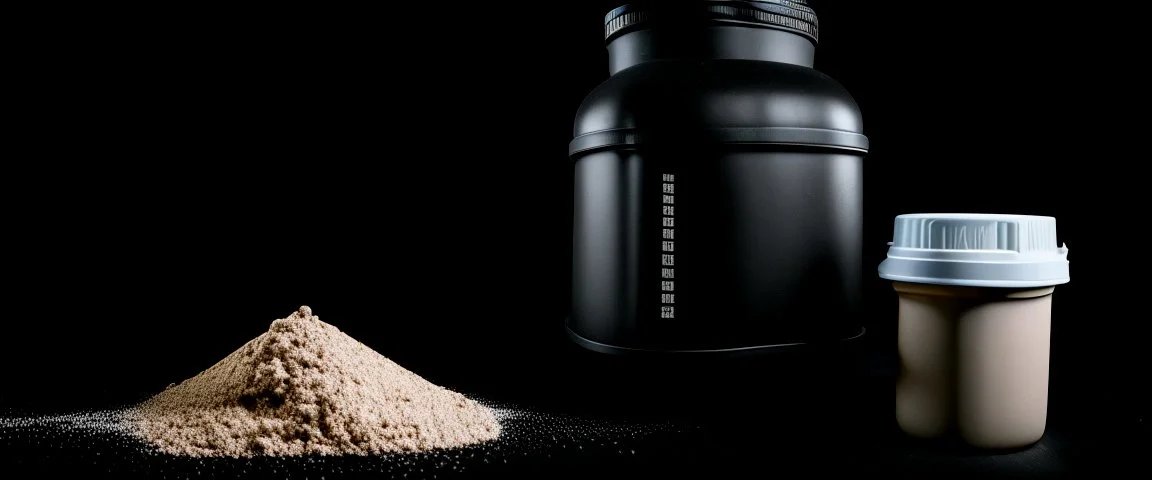 Dark studio setting, black background, black protein powder container, scoop with protein in front.