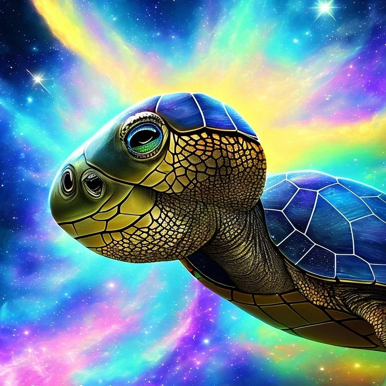 Digital art of a wise turtle, background = galaxy, stationary,