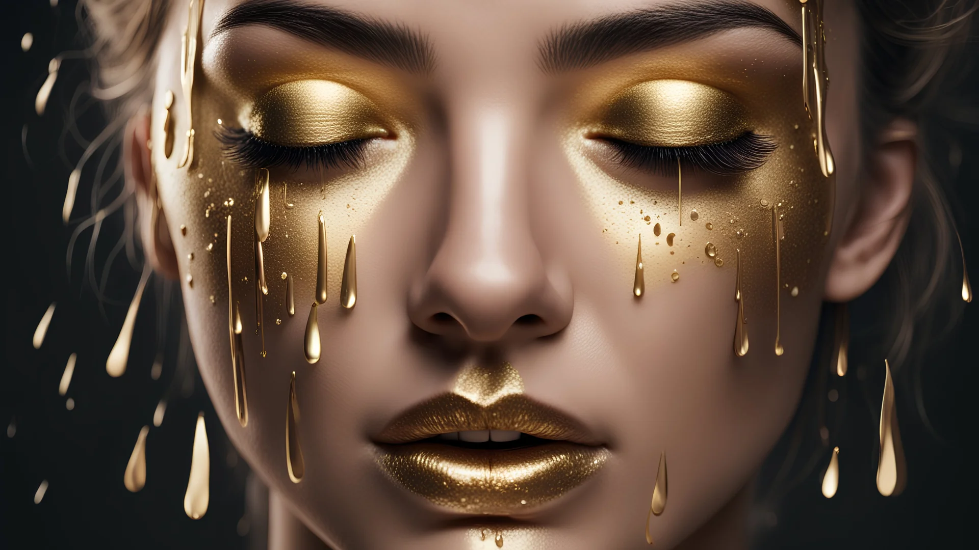 Portrait of a Woman, closed eyes, tears, mascara running, gold, high detail, high resolution, 8K