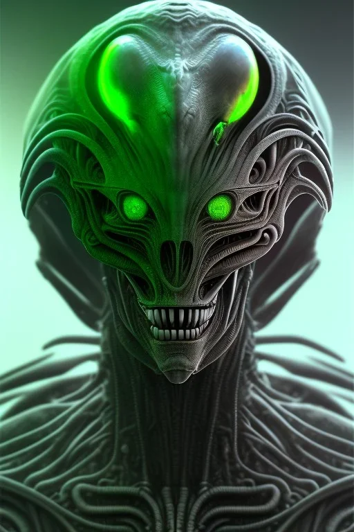 alien, head, evil,green eyes, weapons, blood, 8k, finely detailed, photo realistic, HR Giger style