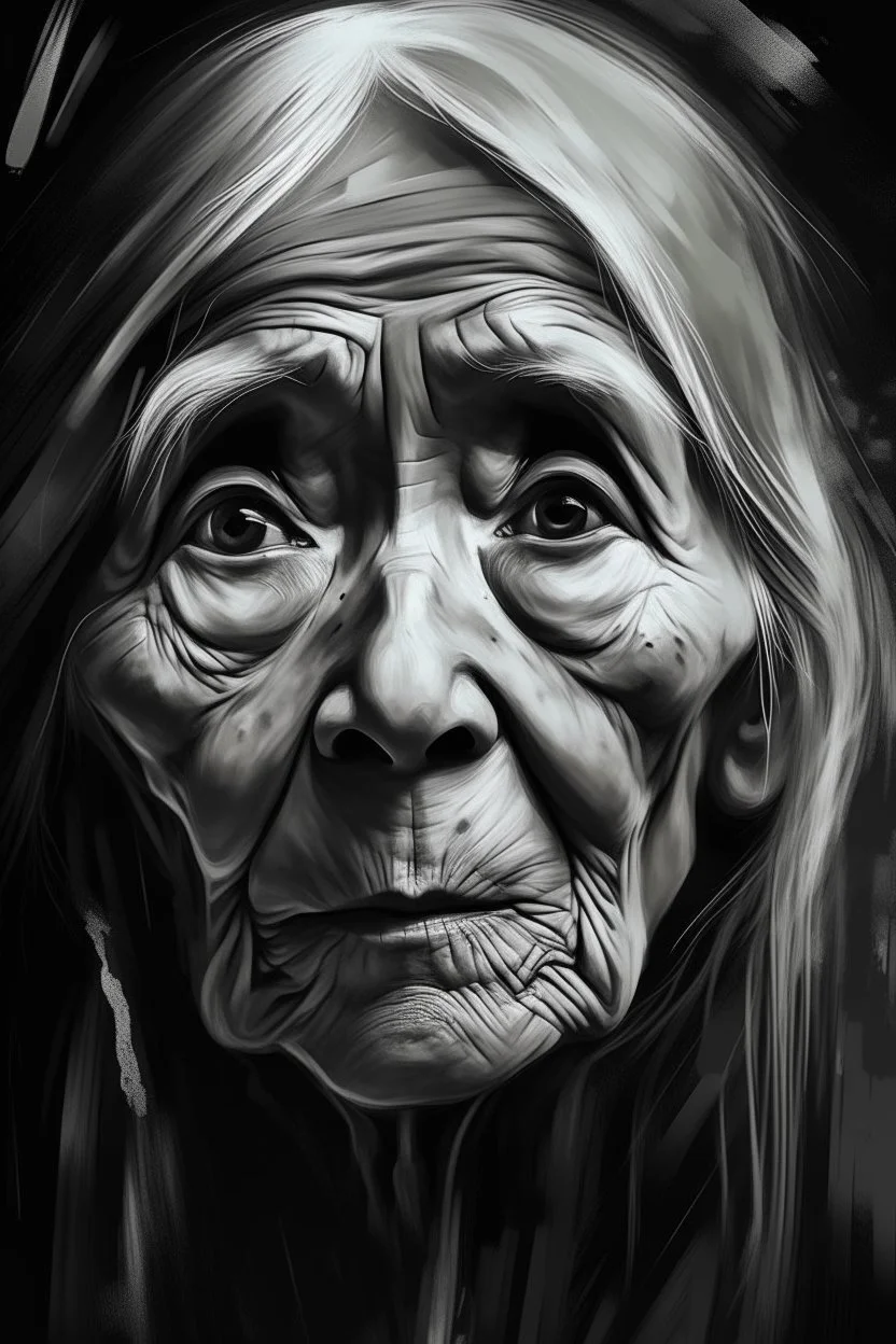 A surreal digital painting of an old woman's face abstract black and white brushstrokes and pixelated glitches. Her eyes looking up , looks sad as if lost in a dream or transcending reality. The background is minimalist, emphasizing the contrast . High-detail, high-resolution, monochrome with soft lighting and dramatic contrast.