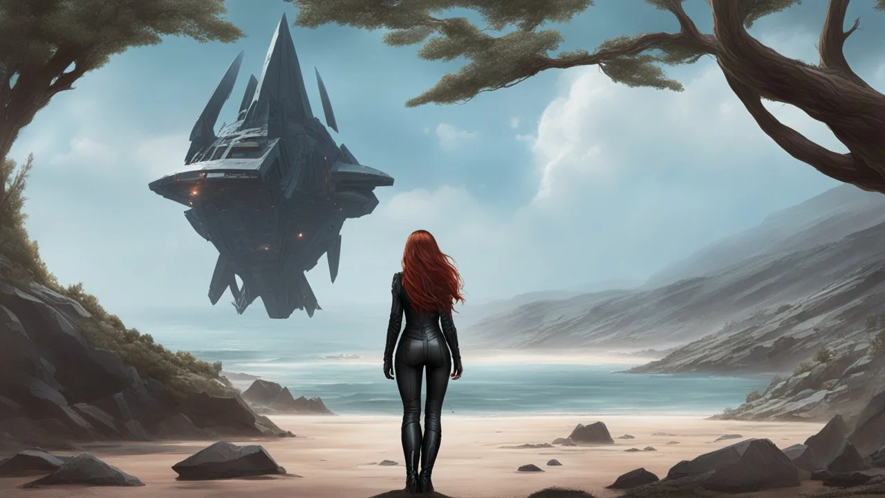 A long-haired woman in a catsuit standing on a beach of a rocky landscape with a crashed spaceship in the distance, with a forest beyond