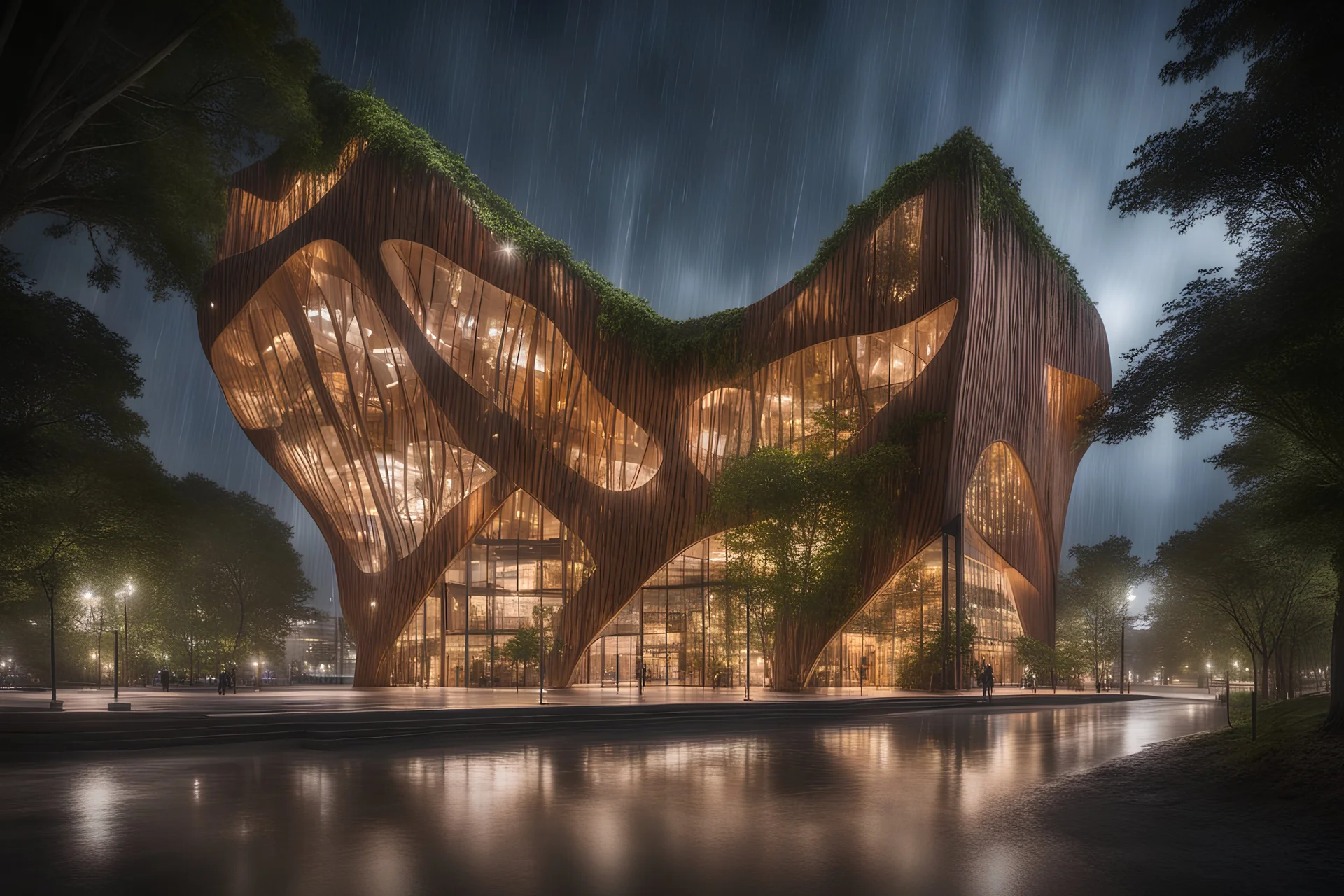 city,biophilic,wood,night,beach,amorph building,art,organic,forest,rain