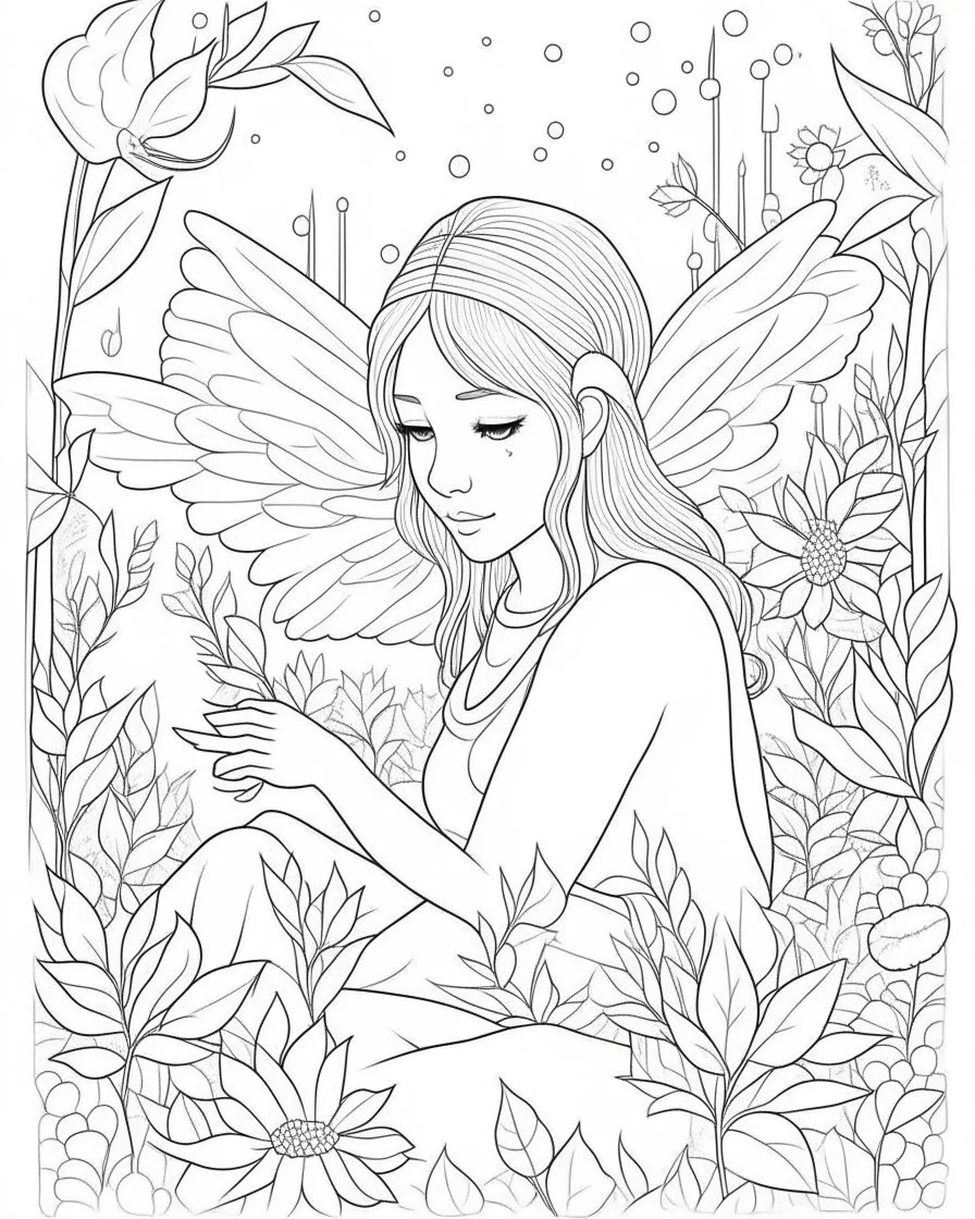 FAIRY SNOW GARDEN, full view, realistic face, coloring page, only draw lines, coloring book, clean line art, –no sketch, color, –ar 3:4, white background, minimalistic black lines, minimal black color, low level black colors, coloring page, avoid thick black colors, thin black line art, avoid colors, perfect shape, perfect clear lines,