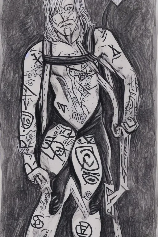 man in full body spandex with runes all over it drawn in marker