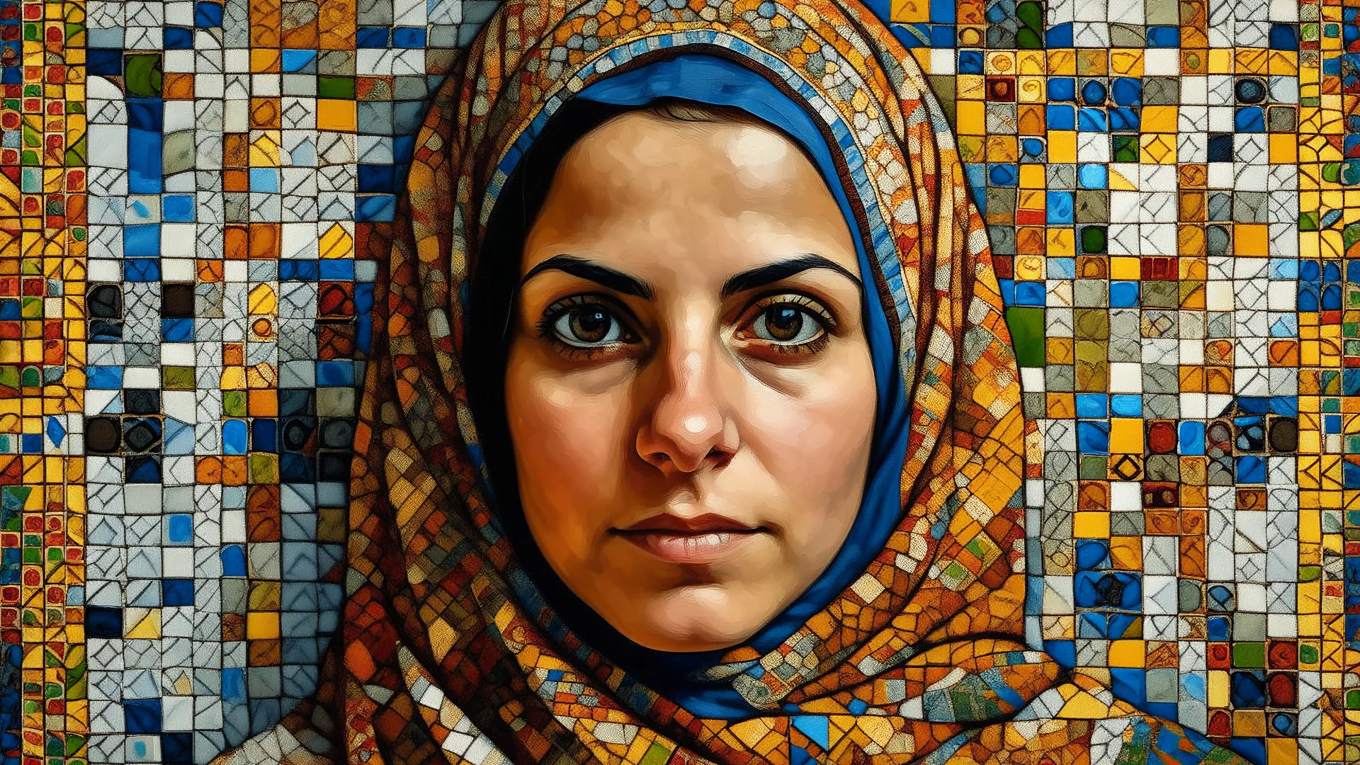 Medium‑shot portrait of an adult Middle Eastern woman, partially hidden within a ceramic‑mosaic background that mirrors the colors of her clothing. Tempera painting style inspired by Islamic decorative arts.
