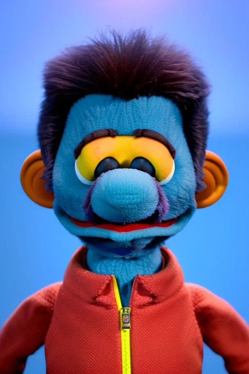 Waist up muppet Portrait, Nicolas maduro us muppet doll, Venezuelan president, tracksuit red blue and yellow, mustache, photo studio, red background, unreal engine 5, concept art, art station, ray tracing, lumen lighting, ultra detail, volumetric lighting, 3d.