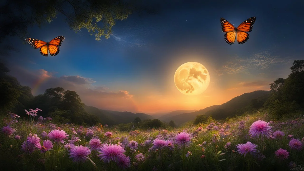 Award winning photograph. As the sun set, the sky turned black and the full moon became a bright light in the darkness of the night. The moonlight, like a magic beam, shone on the earth and the rainbow flowers, enhancing their beauty. The flowers, with their pleasant and fresh smell, hosted various butterflies and fireflies that danced and flew around. Many butterflies, colorful wings, beautiful, superb, gentleness, peace and happiness. Fireflies. Photorealistic, high resolution and detailed.