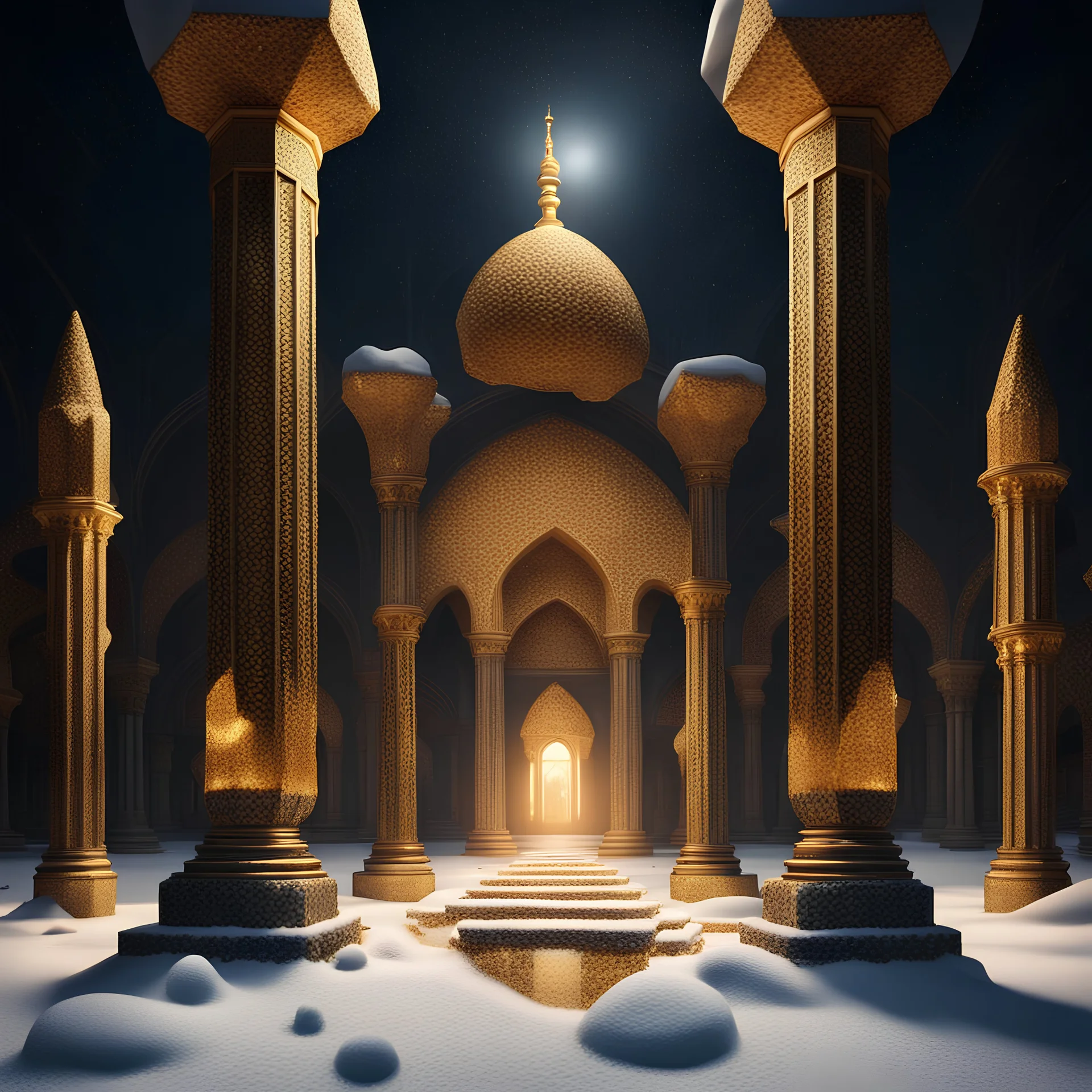 Hyper Realistic Big golden Crystallised rocks on snow Inside a Dark Abandoned Mosque with beautifully crafted pillars at dark night