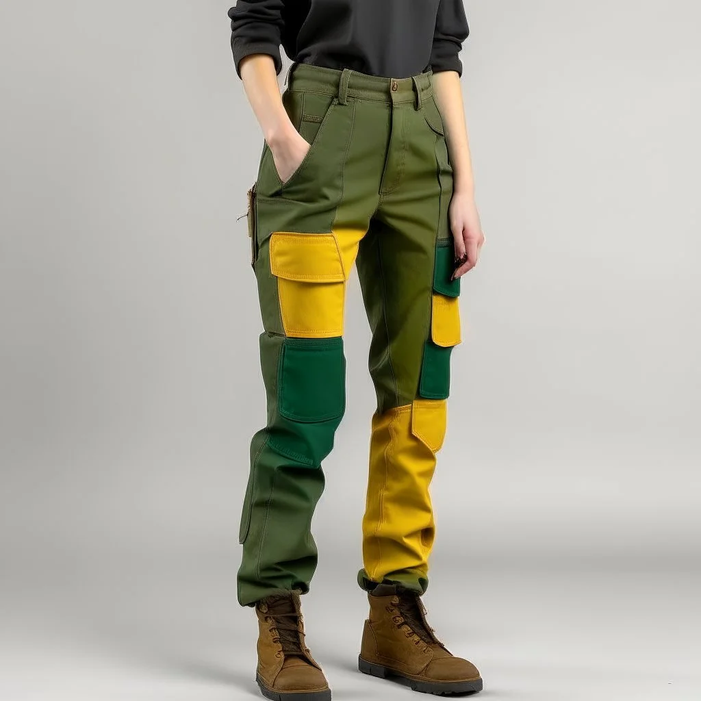 Women model wearing cargo jeans with patch with twill armor jellow and green