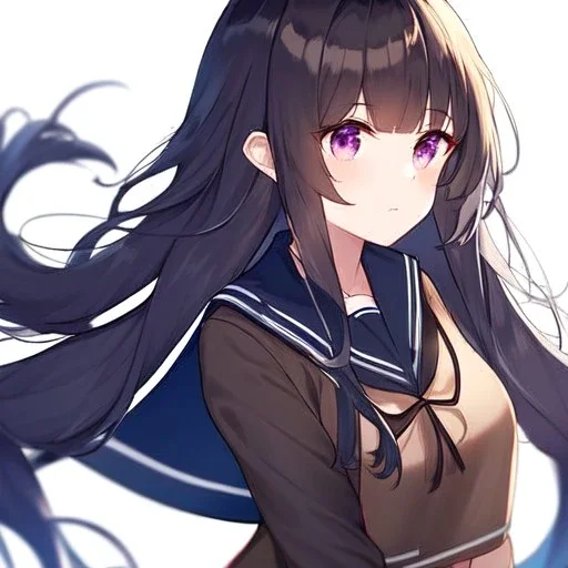 Clear focus, High resolution, long black fluffy hair, long locks, chopped bangs, purple eyes, wearing a sailor uniform outfit, (solo), wearing a brown vest, 1girl, white background