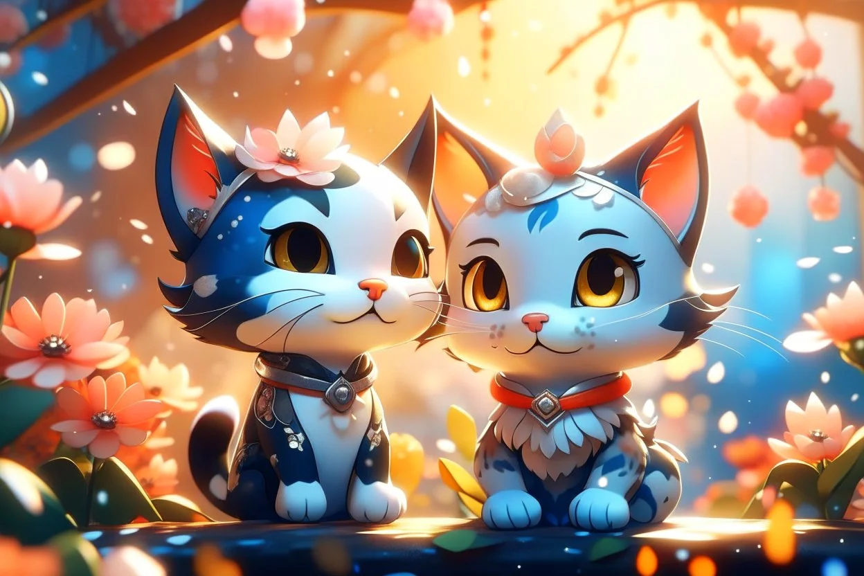 Cute chibi anime cat couple in love, flowers in sunshine, heart and love, watercolor and black ink outlines, ethereal, cinematic postprocessing, bokeh, dof Weight:1 detailed matte painting, deep color, fantastical, intricate detail, splash screen, complementary colors, fantasy concept art, 8k resolution trending on Artstation Unreal Engine 5 Weight:0.9