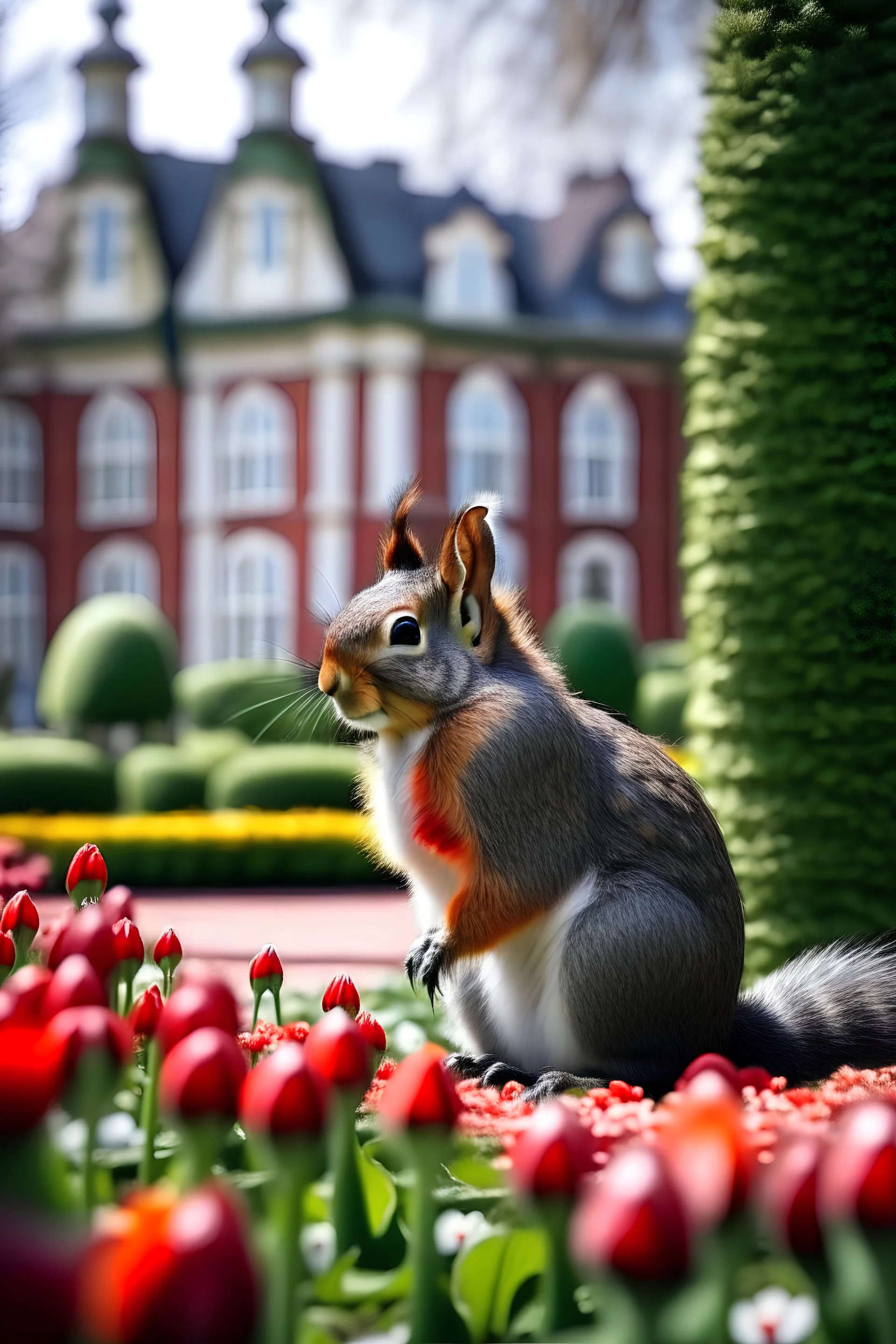 Primer plano de una ardilla en un jardin con palacios, buscando bellotas, mucha luz, tulipanes
