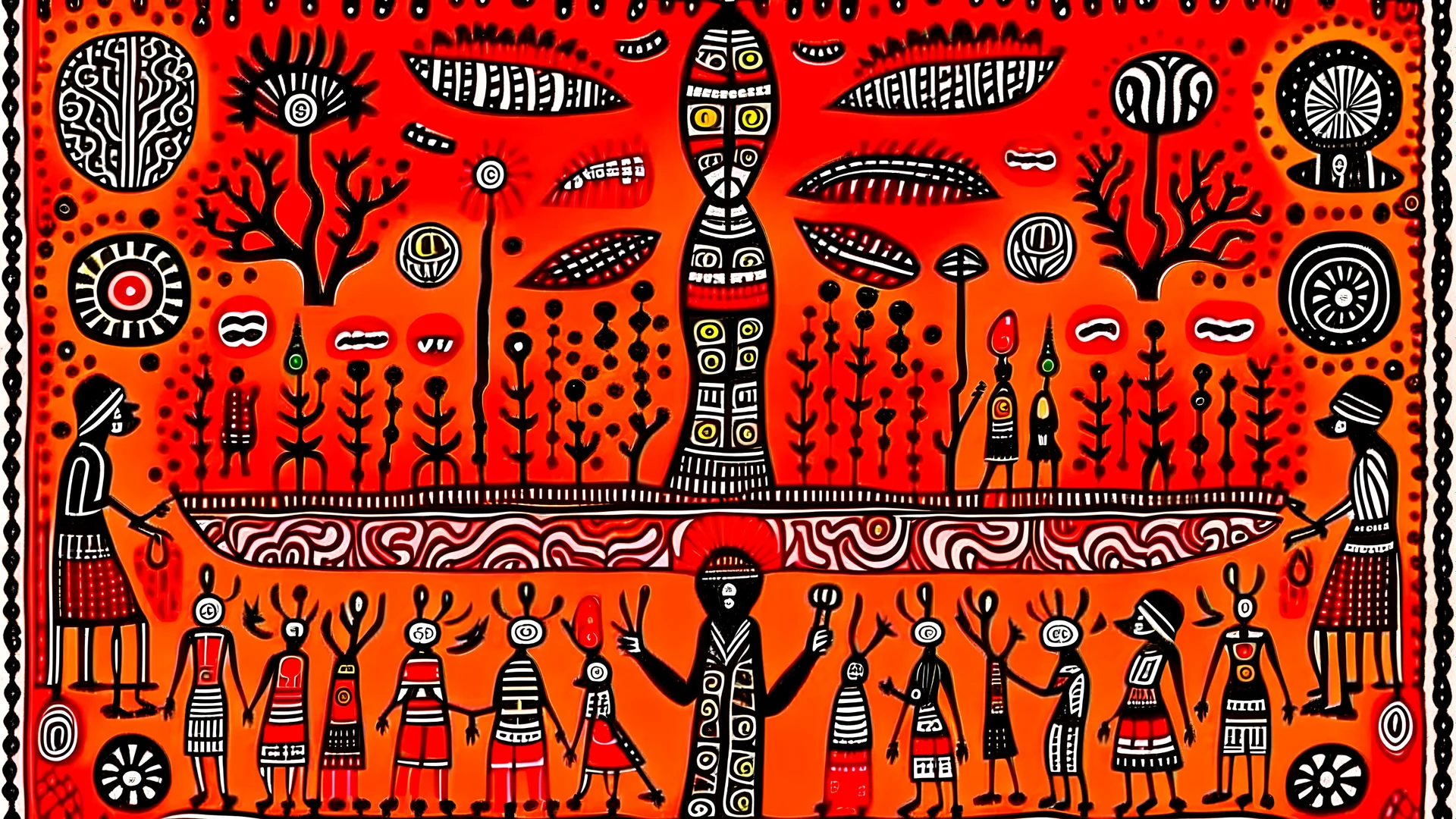 prehistoric religious ritual with Psilocybin in style of Warli painting orange, red to black